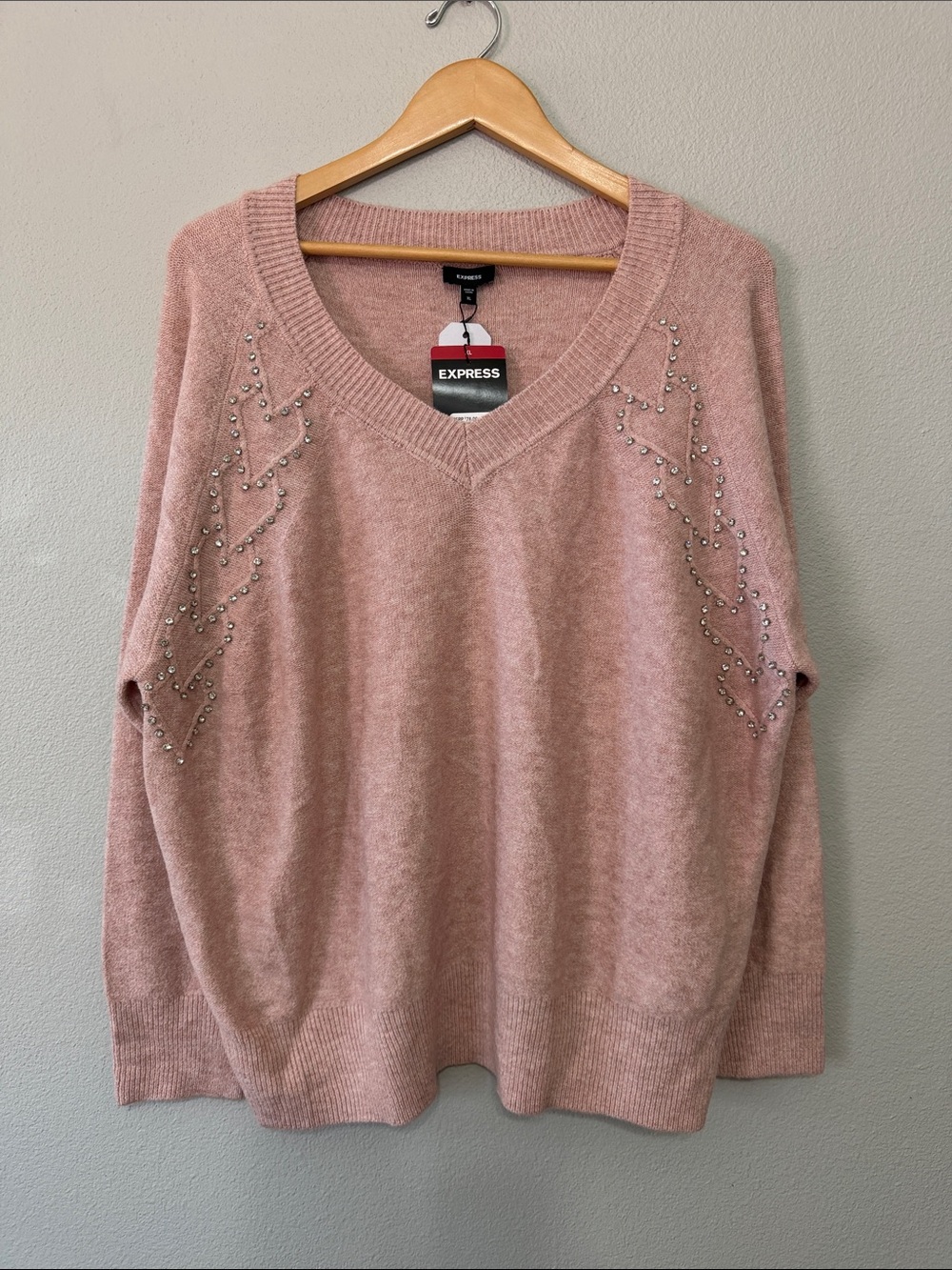 Express Women's Dusty Pink V-Neck Embellished Sweater Oversized Soft Cozy